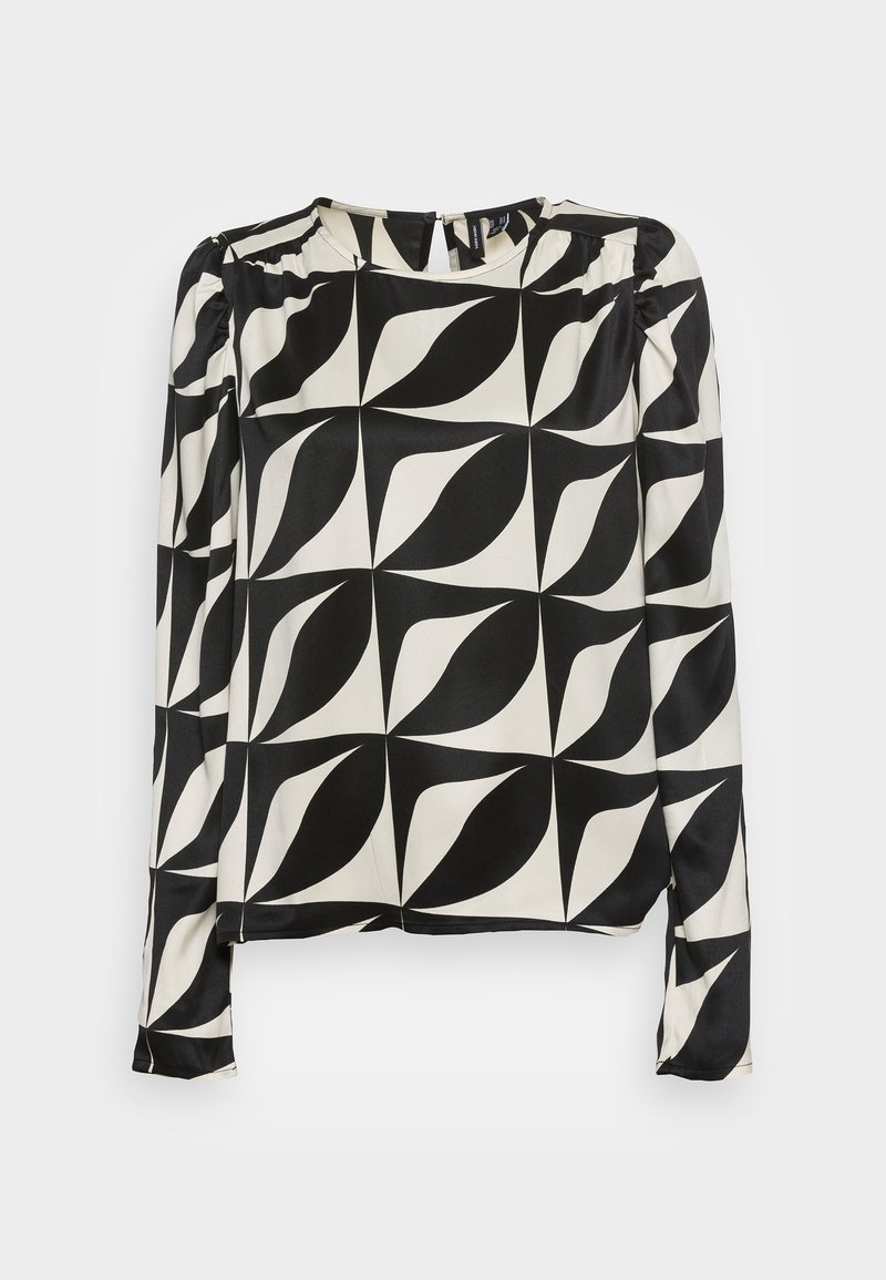 Black and white long-sleeve blouse with a geometric leaf pattern, round neckline, and slight puff sleeves made from smooth fabric.
