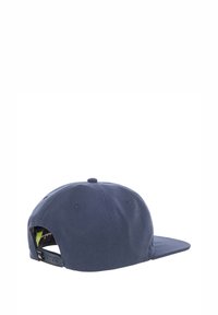 Dunkelblaues Baseballcap mit flachem Schirm, verstellbarem Snapback-Verschluss und strukturierter Stoffoberfläche. Verfügt über einen kleinen Knopf an der Oberseite.