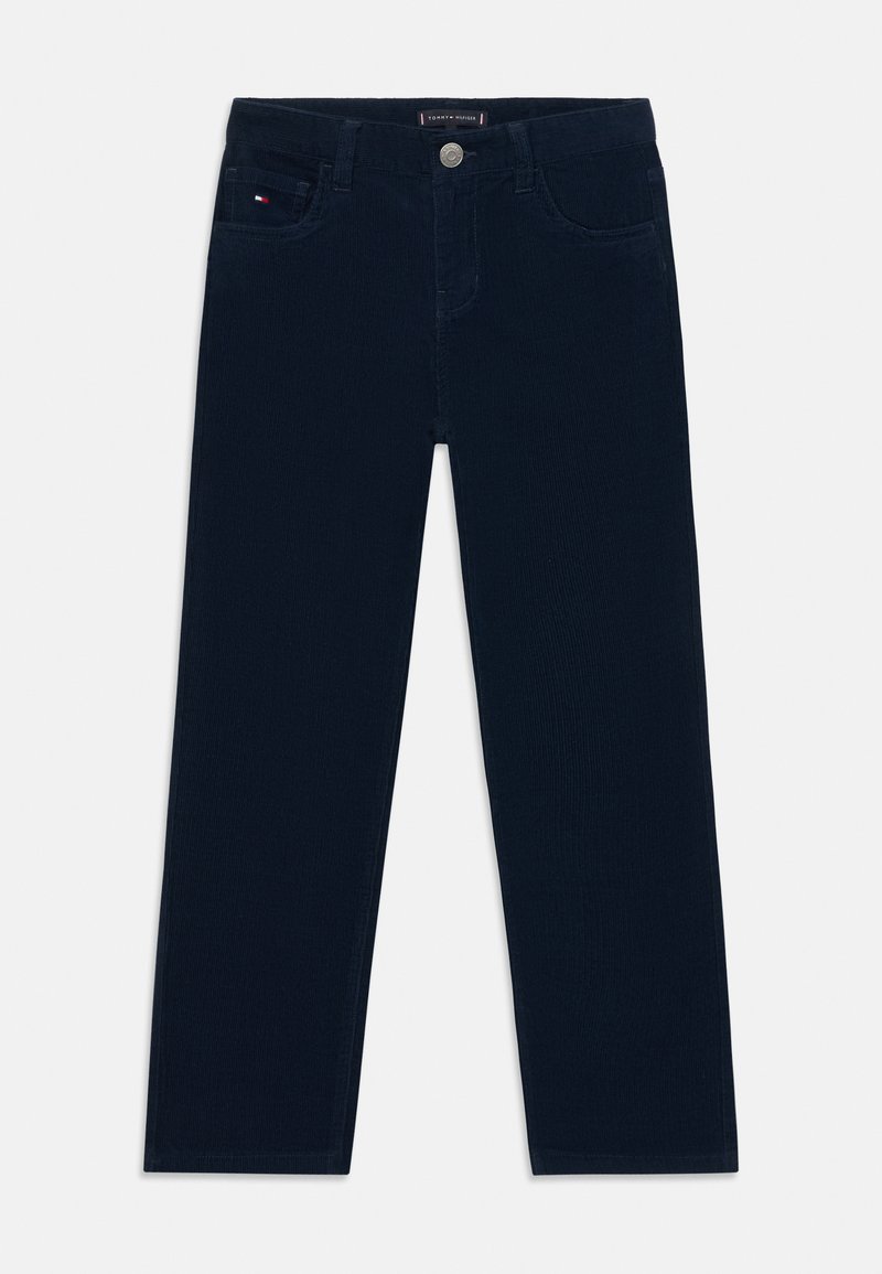 Navy blue corduroy trousers with a straight leg design, featuring a metal button closure and front pockets with subtle branding details.