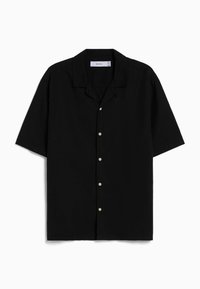 Black short-sleeve button-up shirt with collar, five white buttons down the front, and a relaxed fit.