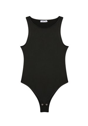 Body nero senza maniche realizzato in tessuto elasticizzato, caratterizzato da un collo rotondo, chiusura a scatto sul fondo e un design aderente.