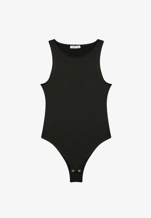 Body nero senza maniche realizzato in tessuto elasticizzato, caratterizzato da un collo rotondo, chiusura a scatto sul fondo e un design aderente.