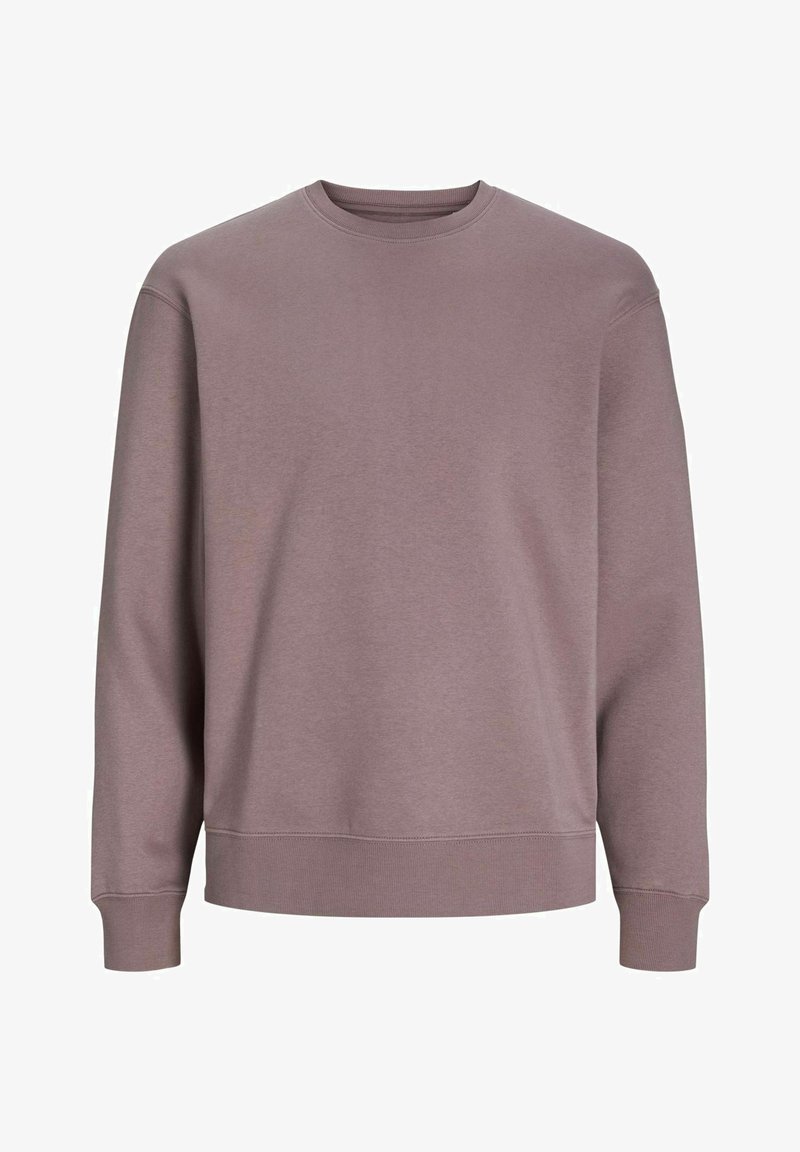 Sweat-shirt mauve à manches longues avec col rond, poignets et ourlet côtelés, design simple, présenté sur fond blanc.