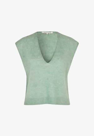 Minta zaļš adīts bez piedurknēm ar V-veida kakla izgriezumu, brīvs piegriezums un ribota apakšmala. Mīksta tekstūra ar smalku spīdumu.