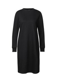 Zwarte midi-jurk met lange mouwen en ronde hals, voorzien van ribbelmanchetten, met een eenvoudige, rechtlijnige snit op een witte achtergrond.