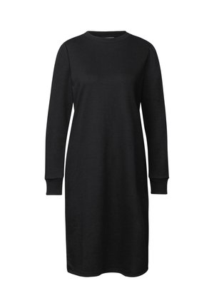 Zwarte midi-jurk met lange mouwen en ronde hals, voorzien van ribbelmanchetten, met een eenvoudige, rechtlijnige snit op een witte achtergrond.