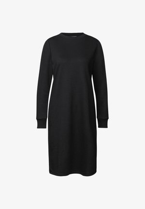 Schwarzes, langärmliges Midikleid mit Rundhalsausschnitt und gerippten Bündchen, das ein einfaches, gerade geschnittenes Design auf einem weißen Hintergrund zeigt.