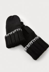 Gants en tricot noirs avec des poignets côtelés ornés de coutures blanches. Texture douce et bouts arrondis, conçus pour la chaleur et le confort.