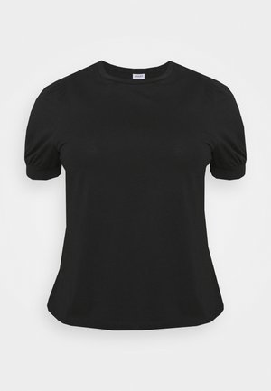 Black short-sleeve t-shirt with a round neckline, soft texture, and gathered detailing at shoulder seams, featuring a loose fit.