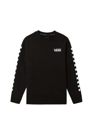 Sudadera negra de algodón, con cuello redondo, mangas largas y logo blanco de Vans en el pecho con patrón de cuadros a lo largo de las mangas.