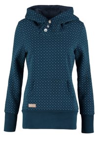 Sweat à capuche bleu marine à pois bleu clair, poche kangourou, trois boutons devant et manches longues.