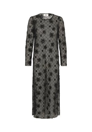 Zwarte kanten jurk met lange mouwen, voorzien van bloemen appliqués en een diamantpatroon. Knie-lang met een aansluitende silhouette.
