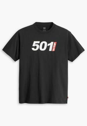 Black cotton t-shirt featuring a large white "501" print with a red Levi's tab. Crew neck design with short sleeves and straight hem.