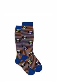 Calze fino al ginocchio con strisce blu, arancioni e nere e motivi floreali circolari in verde, viola e bianco. Tessuto liscio.
