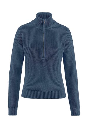 Maglione lavorato a maglia di un profondo blu navy con colletto alto e mezza zip. Presenta una texture a coste e maniche lunghe con polsini aderenti.