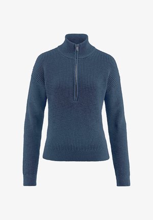 Pull en maille de couleur bleu marine profond avec un col haut et une fermeture éclair mi-hauteur. Présente une texture côtelée et des manches longues avec des poignets ajustés.
