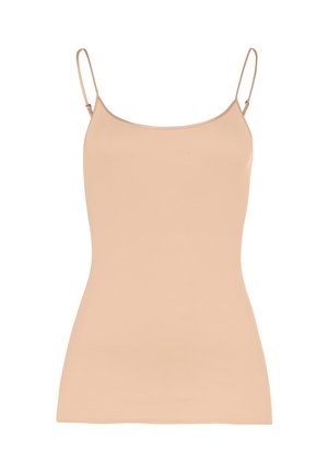 Nude fitted camisole with thin adjustable straps. Made of smooth, stretchy fabric, featuring a simple, seamless design without embellishments.