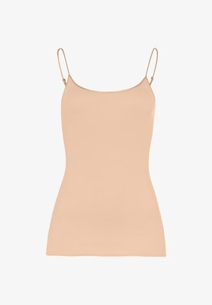 Nude fitted camisole with thin adjustable straps. Made of smooth, stretchy fabric, featuring a simple, seamless design without embellishments.