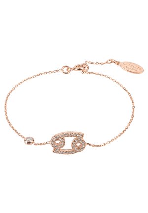 Rose gold bracelet with a delicate chain, featuring a cut-out design covered in clear crystals and a single round crystal accent.