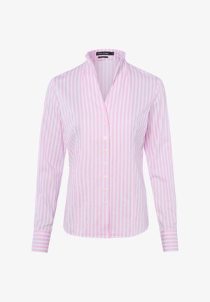 Long-sleeve pink and white vertical striped button-up shirt with a band collar and cuffed sleeves.