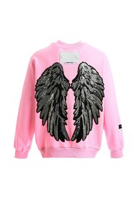 Sudadera rosa con grandes alas de ángel en lentejuelas negras y plateadas en la parte trasera. Cuello redondo y puños acanalados. Etiqueta en la parte trasera.