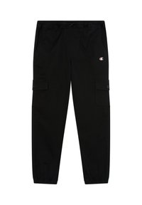 Pantaloni cargo neri con vita elasticizzata, tasche laterali e una tasca con bottone sulla gamba sinistra. Presenta un piccolo logo sul davanti.