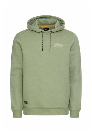 Lichtgroene hoodie met zwart-witte trekkoorden en een kleine tekst "Ready to Discover Since 1977" op de borst.