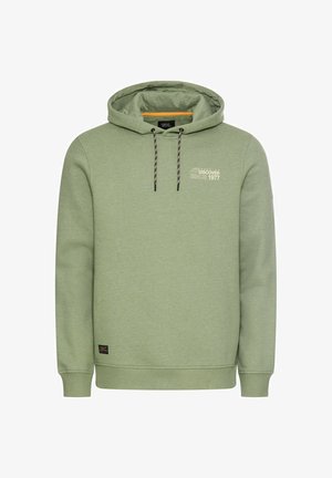 Lichtgroene hoodie met zwart-witte trekkoorden en een kleine tekst "Ready to Discover Since 1977" op de borst.