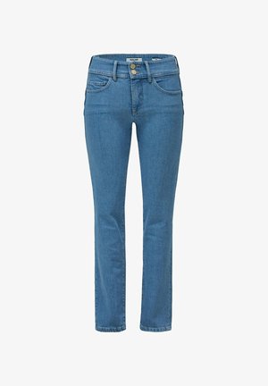 Jeans blu a gamba dritta con chiusura doppio bottone, passanti per cintura e tasche davanti e dietro, mostrati su sfondo bianco.