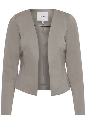 Veste gris clair en tissu lisse. Présente un col en V, une ouverture frontale, et des manches longues avec une coupe ajustée. Design simple sans motifs.