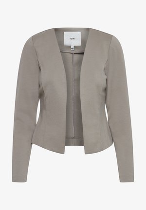 Jasnoszara kurtka wykonana z gładkiego materiału. Posiada dekolt w serek, rozpinany przód oraz długie rękawy o dopasowanym kroju. Prosty fason bez wzorów.