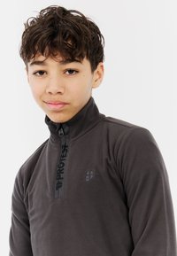 Grijze fleece pullover met een halve rits, voorzien van een zwart logo op de borst en een zachte textuur. De kraag is verhoogd, ontworpen voor warmte.