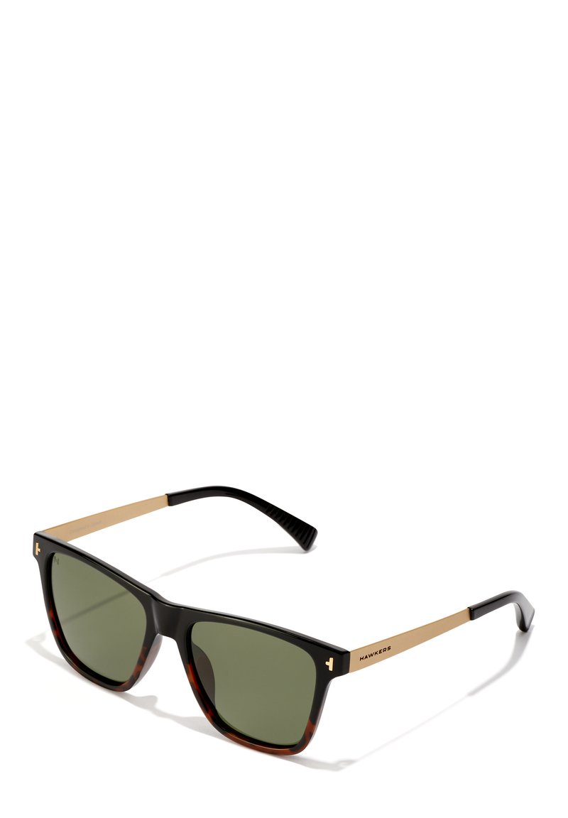 Square sunglasses with dark green lenses, black and tortoiseshell frame front, and gold-tone metal arms branded "Hawkers."