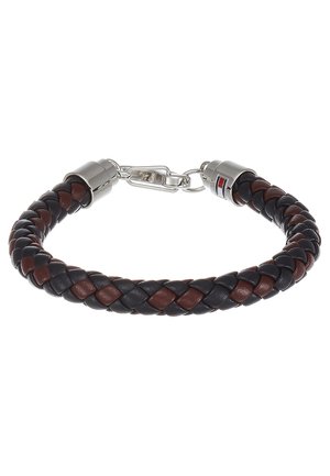 Leather bracelet with a braided design in black and brown, featuring silver-colored metal clasps and a small logo detail.