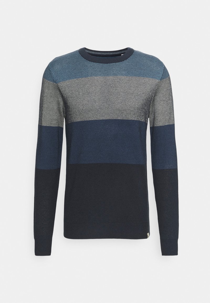 Pull homme à manches longues col rond avec rayures horizontales tricotées en tons bleu marine, gris et bleu, présenté sur fond blanc.