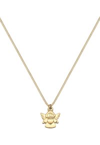 Guldhalskæde med en charm formet som en engel med vinger og et hjerte, fastgjort til en delikat kæde med snoet design.