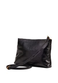 Black leather crossbody bag with a smooth texture, rectangular shape, and a thin, adjustable strap. Features a gold zipper closure.
