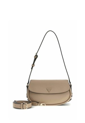 Beige Lederschultertasche mit verstellbarem Riemen und geschwungener Klappe, dazu ein passender abnehmbarer Gürtel mit Schnalle.