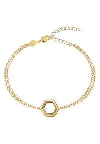 Guld kedjearmband med en hexagonformad hänge. Två sammanflätade kedjor med en kräftklämma och justerbar längd. Slät och polerad yta.