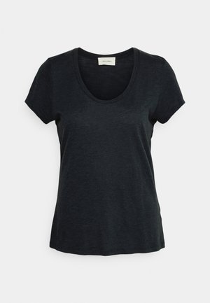 Black short-sleeve T-shirt with a scoop neckline, made from a soft, textured fabric, featuring a relaxed fit and subtle sheen.