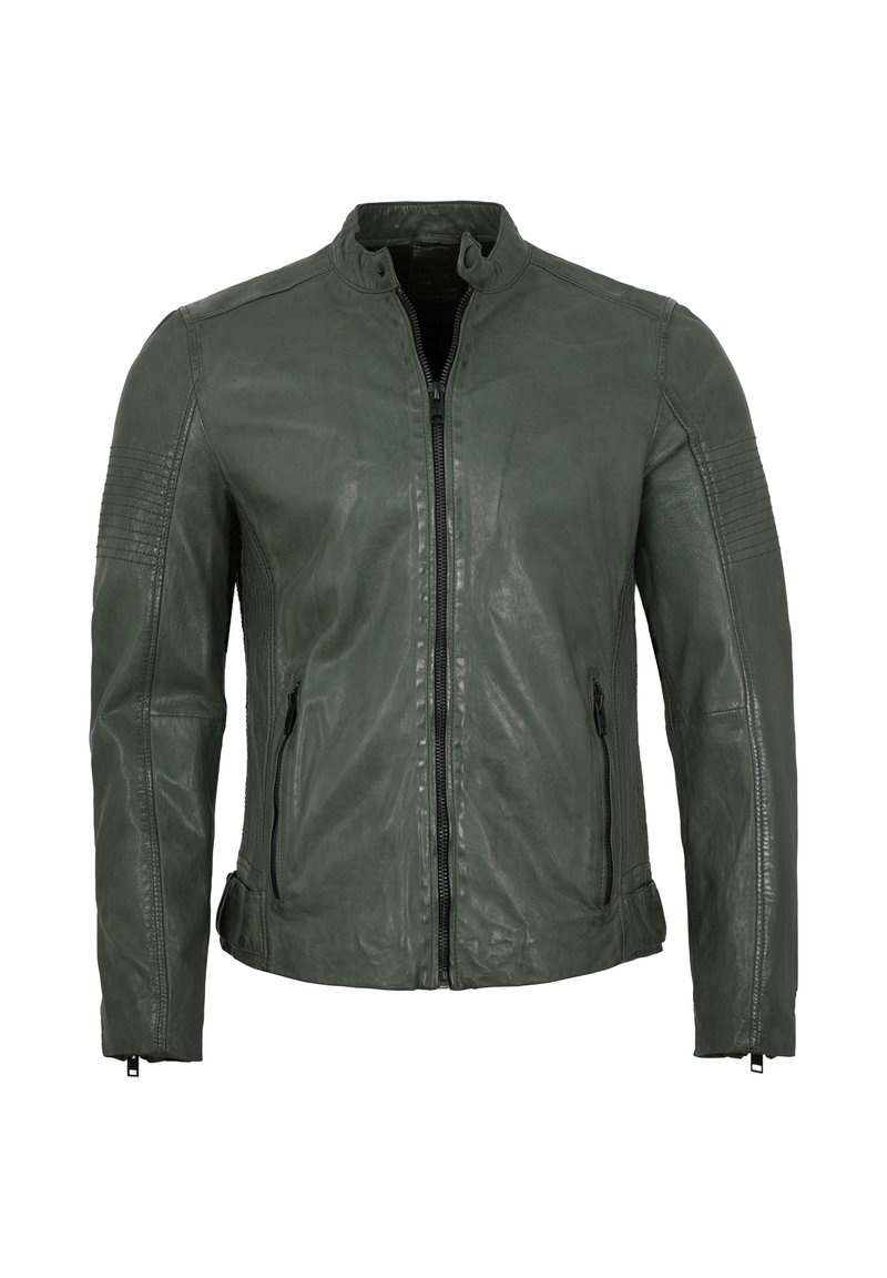 Grüne Lederjacke mit schlanker Passform, Stehkragen, Frontreißverschluss und gerippten Akzenten an den Schultern. Glatte Textur und seitliche Taschen.