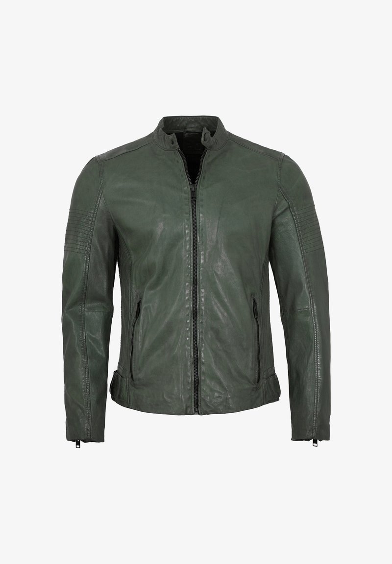 Grüne Lederjacke mit schlanker Passform, Stehkragen, Frontreißverschluss und gerippten Akzenten an den Schultern. Glatte Textur und seitliche Taschen.