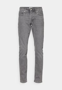Grå denim jeans med slim fit, fem lommer, beltehemper og knappelukking foran. Glatt tekstur med subtil fading og sømdetaljer.