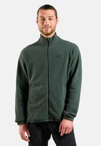 Veste en polaire verte avec un col montant, fermeture éclair intégrale et logo brodé. Présente un tissu texturé et des poignets élastiques.