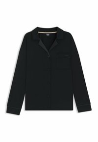 Black long-sleeve shirt with a notched collar, front button closure, single chest pocket, and contrasting piping on cuffs. Smooth texture.