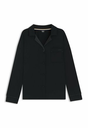 Zwarte lange mouwen shirt met een ingeknipte kraag, knoopsluiting aan de voorkant, enkele borstzak en contrasterende bies op de manchetten. Gladde textuur.