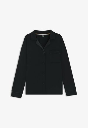 Camicia nera a maniche lunghe con colletto a punta, chiusura frontale con bottoni, taschino sul petto e piping a contrasto sui polsini. Texture liscia.