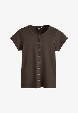 Next, REGULAR FIT - SHORT SLEEVED CREW NECK BUTTON THROUGH TOP - Kardigán - chocolate brown