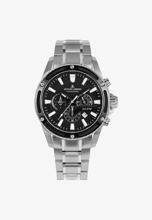 Kronografna ura iz nerjavečega jekla z črnim številčnikom in srebrnimi indeksi, tremi podštevilčniki ter varno zapestnico; odporna na vodo do 20 ATM.