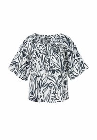 White blouse with navy abstract floral print, short sleeves, round neckline, and drawstring detail at front. Lightweight fabric with smooth texture.